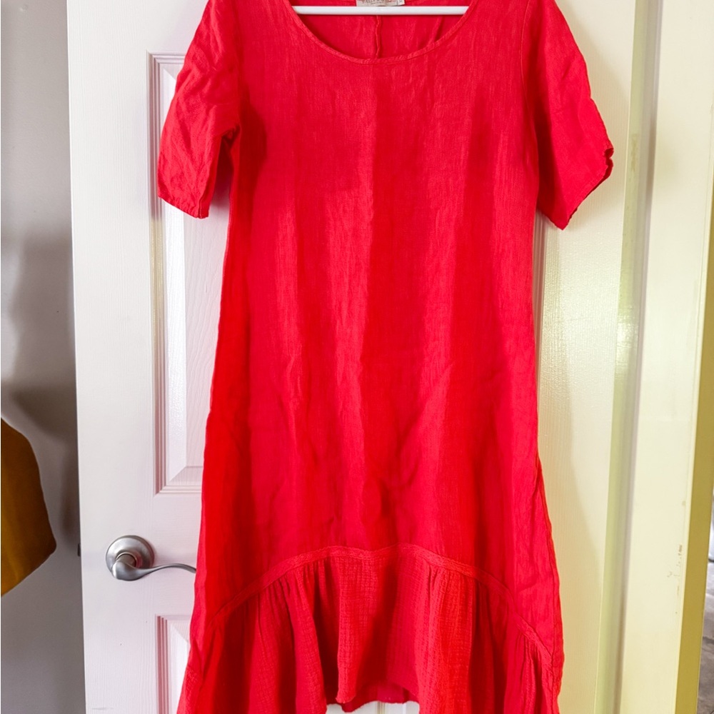 STELLA MARTINI Linen Red Dress Spring Summer Lagenlook Boho Women's XS